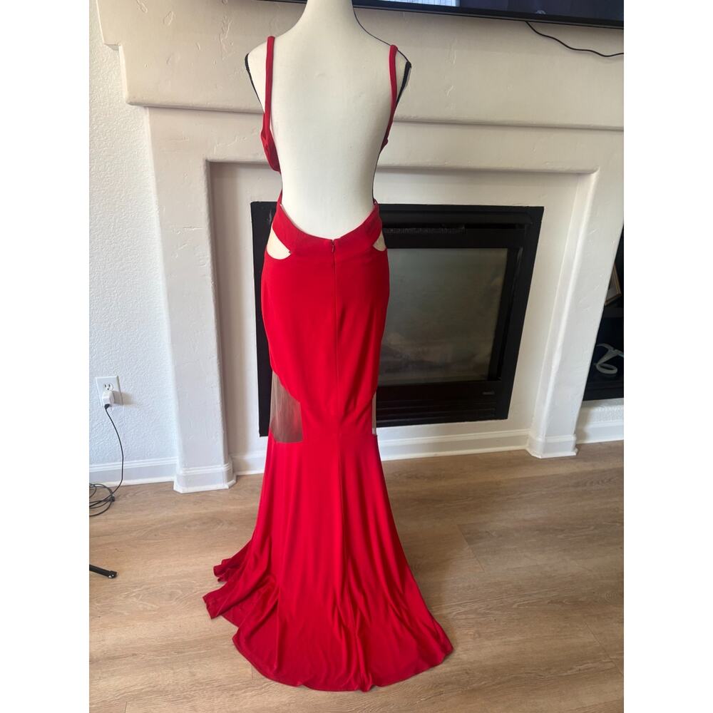 Terani Couture Red V-Neck Cutout Mermaid Gown Elegant Evening Dress 6 MSRP $799 - Picture 4 of 8